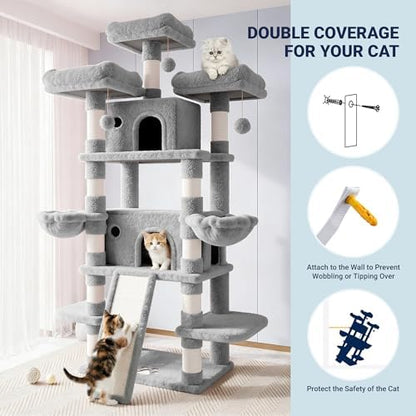 Allewie 82 Inches Large Cat Tree/House/XXL Tall Cat Towers for Big Feline/Scratching Post/Multi-Level Large Kitty Climbing Tree with Condo/Light Grey