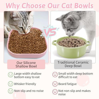 Fhiny 2PCS Silicone Cat Bowls Set 7.1 x 7.1 in Shallow Dog Dish Whisker Friendly Cat Food Plate for Dry & Wet Food Dishwasher Safe Non-Slip Pet Feeding Bowls for Kittens and Puppies (Pink)