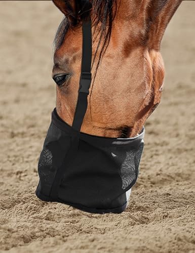 Harrison Howard Horse Muzzle Feed Bag Nylon Mesh Grain Feed Bag with Padded Neck Strap Adjustable Belt Black Large
