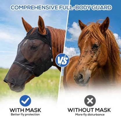 UV Fly Mask for Horses Without Ears, Removable Nose, Medium