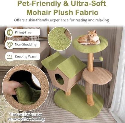 Tangkula Cat Tree, Solid Wood Cat Tower with Jute Scratching Post, Condo, Perch, Jingling Ball, Multi-Layer Activity Center, Modern Cute Cat Tree for Indoor Cats
