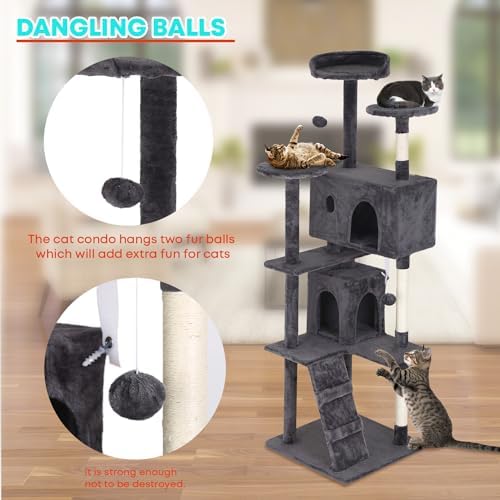 FDW | 70" Cat Tree Tower | Light Gray | Multi-Level Indoor Activity Center with Sisal Scratching Posts, Condos, Plush Perches, Hanging Cat Toys | Sturdy, Easy to Assemble | for Kittens & Adult Cats