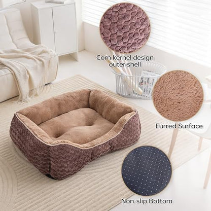 Plush Dog Bed Extra Large, Brown, Machine Washable, Dog Beds Sofa with Pillow Support, 35x25Inch, Corn Kernel Design, Non-Slip Bottom, Thick PP Cotton Padding