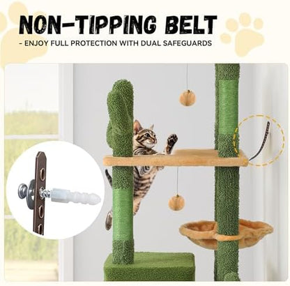 DWVO Cactus Cat Tree for Large Cats: 60" Tall with Self-Grooming Brush, Cute Kitten Climbing Tower for Indoor Kittens with Cat Condo, Top Perch, Basktet, Sisal Scratching Posts, Dangling Ball