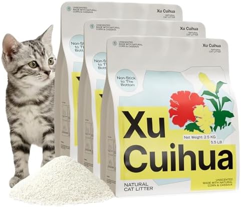 XuCuiHua Natural Cat Litter Unscented, 100% Plant-Based, Strong Clumping Litter, Easy Scooping, Clumps Lift Cleanly, Chemical-Free, Low Dust, Corn & Cassava Litter, 16.5 LB (5.5 LB x 3 Bags)