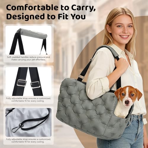 Dog Purse Carrier for Small Dog Cats, Soft Quilted Puppy Carrier Soft-Sided Carriers Bag, Luxury Stylish Small Dog Cat Travel Tote for Pets Up to 11 lbs (Grey, 15.7" L x 7.9" W x 7.1" H)