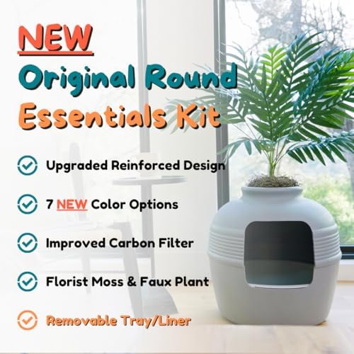 Good Pet Stuff Original Hidden Litter Box Planter, Decorative Cat Litter Enclosure with Carbon Filter, Artificial Palm Plant, Upgraded Design, Easy Clean Litter Tray, Essentials Kit, Stone Gray