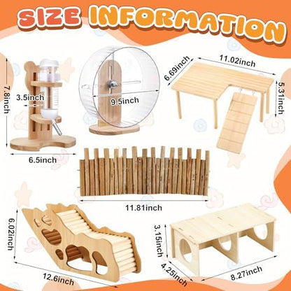 6 Pcs Hamster Toys Set, Maze Wood House, Climbing Ladder Wooden Bridge Tunnel Toy Platform Silent Exercise Running Wheels and Water Bottle Set for Rat Guinea Pig Habitat Cage(Basic)