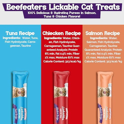 Beefeaters wet cat treats lickable 72 Count Puree Variety Pack - Salmon Tuna Chicken for Hydration & Training, Grain Free Taurine Enriched High Moisture, lickable cat treats squeeze up for Picky Eater