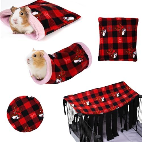 NAPLORD Small Pet Fleece Set,Guinea Pig Snuggle Sack, Tunnel,Fleece Forest Hideout,Square and Round Potty Pads for Guinea Pigs and More