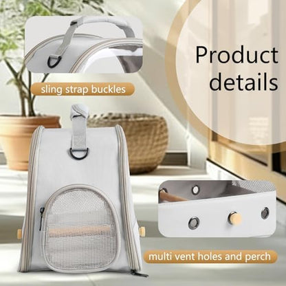 Bird Carrier, Portable Small Bird Parrot Parakeet Carrier with Standing Perch and Mat, Side Access Window Collapsible (Grey, Clear Windows)