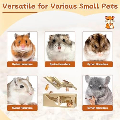 Hamster Hideout & Tunnel Set, 2Pcs Wooden House with Climbing Ladder, Exploration Tubes & Observation Shed for Syrian Hamsters, Dwarf Hamsters, Mice, Gerbils, Rats, and Other Small Animals