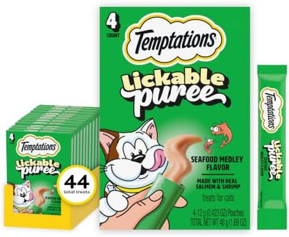 Temptations Creamy Puree Lickable Cat Treats, Seafood Medley, 4 Count, 11pk