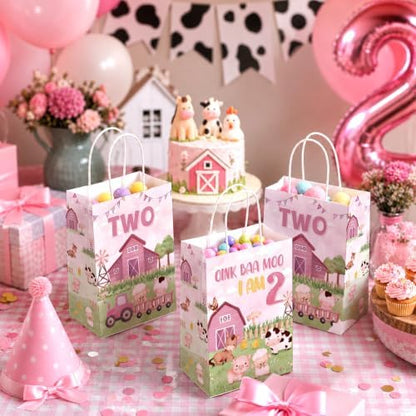 Greencian 16Pcs Farm 2nd Birthday Party Favor Bags Pink Goodie Bags