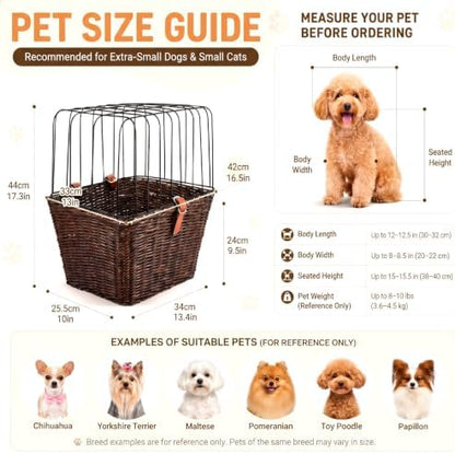 Wicker Dog Bike Basket for Small Dogs up to 8-10 Lbs, Flat-top