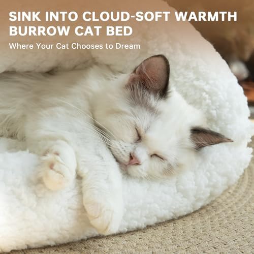Self Warming Cat Cave Bed Double-Layer Faux Fur Sleeping Bag White