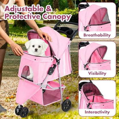 3 Wheels Pet Stroller,Storage Basket and Cup Holder, Breathable Mesh, Waterproof and Foldable for Small/Medium Dogs and Cats Strollers, Lightweight Travel Carrier for Daily Walks & Outdoor，Pink