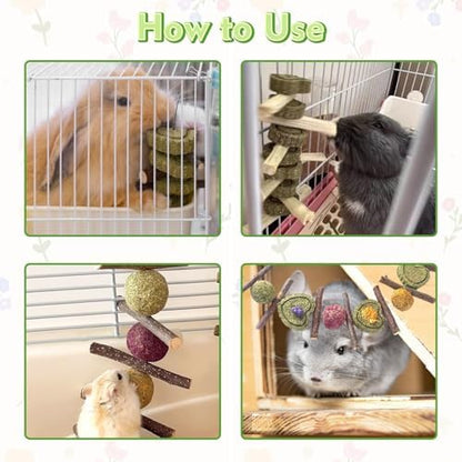 Hamiledyi 4PCS Bunny Chew Toys Rabbit Toys for Teeth Grinding Natural Fruit Sticks Organic Timothy Grass Cakes Chew Toys and Treats for Rabbit Bunny Guinea Pig Hamster Chinchilla