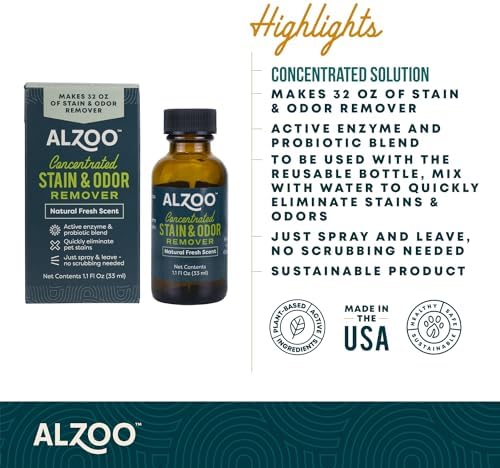 ALZOO Concentrated Pet Stain & Odor Remover Refill, Makes Up to 96 Fl Oz Cleaning Solution, Enzyme & Probiotic Formula, Refill Bottles for Dogs & Cats, 1.1 Fl Oz