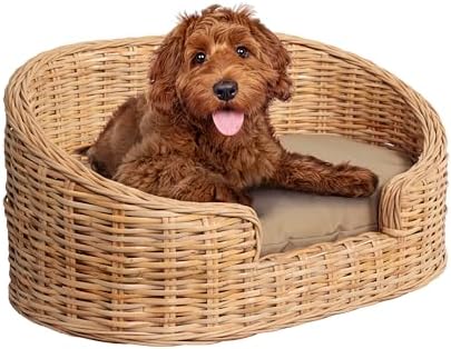 DBD1000B Curvy 28.5" x 17.25" Classic Handwoven Rattan Pet Bed with Machine-Washable Cushion, Light Brown