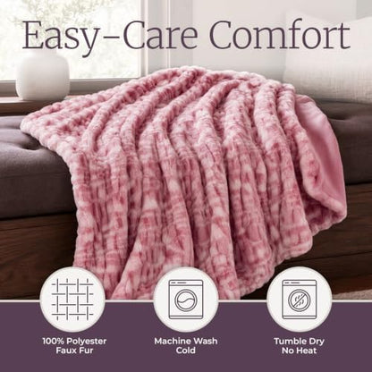 Lavish Home Oversized Ruched Faux Fur Blanket, Pink, 60” x 80”