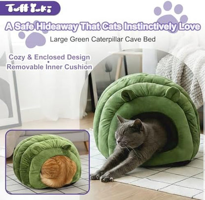 Cat Cave Bed, Orthopedic Memory Foam Anti Anxiety Cat Bed for Indoor Cats, Cozy Plush Caterpillar Tunnel Cat Bed, Non Slip Pet Bed Fits Cats Up to 15 lbs, Green