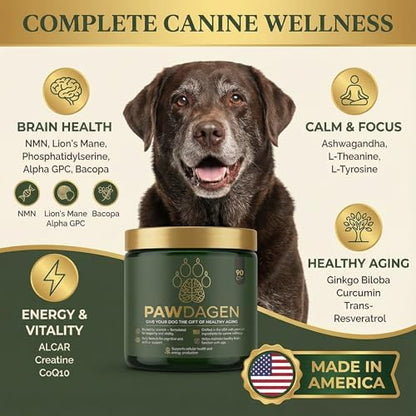 Dog Longevity Supplement - NMN, Lions Mane, Curcumin, CoQ10 All Breeds & Ages + Senior Dog Vitamins - 14 Ingredients - Cellular Vitality, Brain Health - Made in USA - 1-3 Months Supply