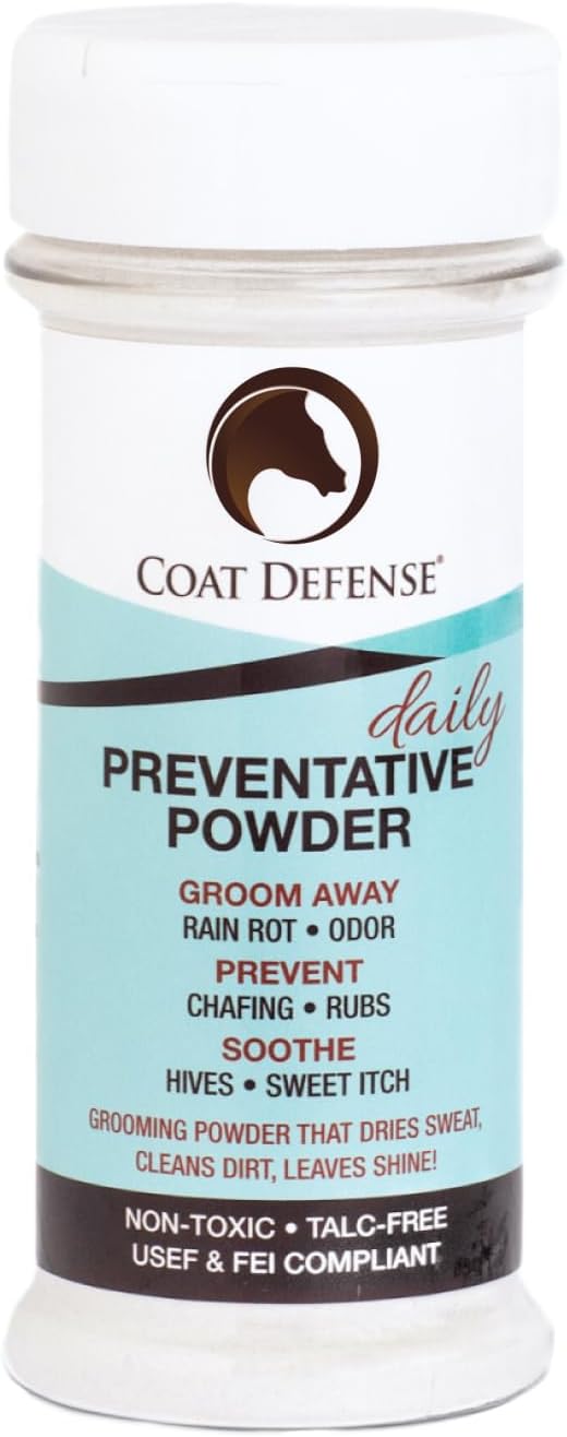 Coat Defense Daily Preventative Powder & Rain Rot Treatment for Horses | Safe & Effective Equine Sweet Itch, Skin Funk, Scratches | Dry Horse Shampoo, 8 oz. | All Natural Ingredients