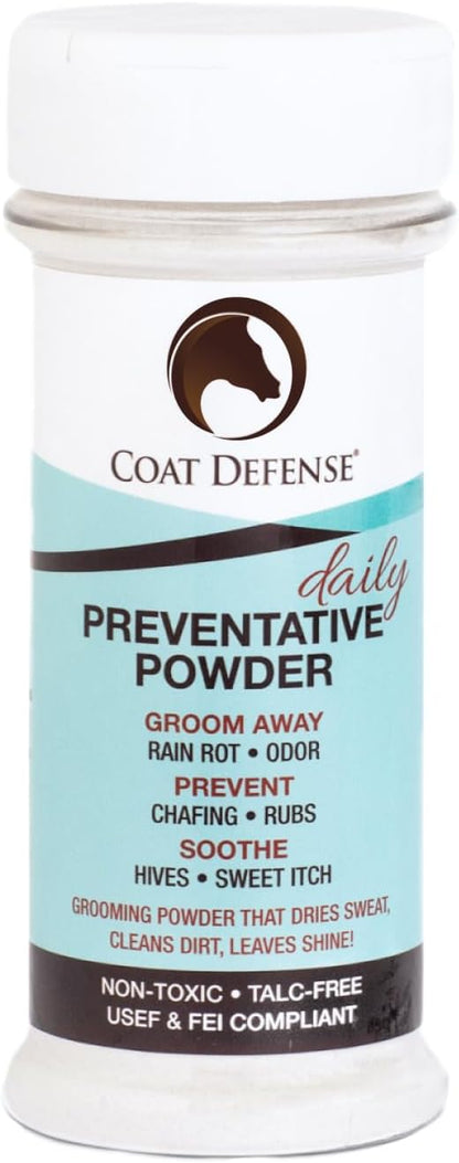 Coat Defense Daily Preventative Powder & Rain Rot Treatment for Horses | Safe & Effective Equine Sweet Itch, Skin Funk, Scratches | Dry Horse Shampoo, 8 oz. | All Natural Ingredients