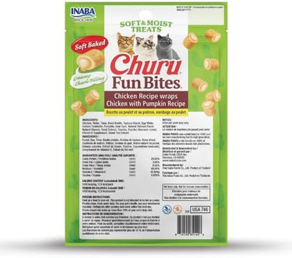 INABA Churu Fun Bites for Cats, Soft & Chewy Baked Chicken Wrapped Filled Cat Treats with Taurine, 0.42 Ounces Each Tetra, 9 Tetras (3 per Bag), Chicken with Pumpkin Recipe