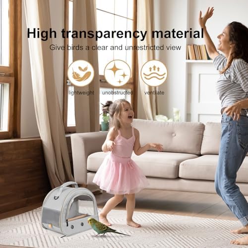 Bird Carrier, Portable Small Bird Parrot Parakeet Carrier with Standing Perch and Stainless Steel Tray, Side Access Window Collapsible (Grey, Horizontal Perch)