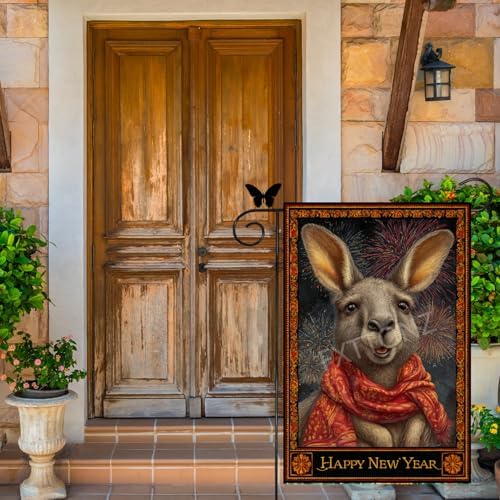 Happy New Year Garden Flag 12x18 Double Sided Vertical Linen Small Fireworks Kangaroo House Flag Welcome Holiday Winter House Outdoor Outside Decorations (27176)
