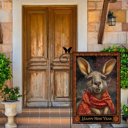 Happy New Year Garden Flag 12x18 Double Sided Vertical Linen Small Fireworks Kangaroo House Flag Welcome Holiday Winter House Outdoor Outside Decorations (27176)