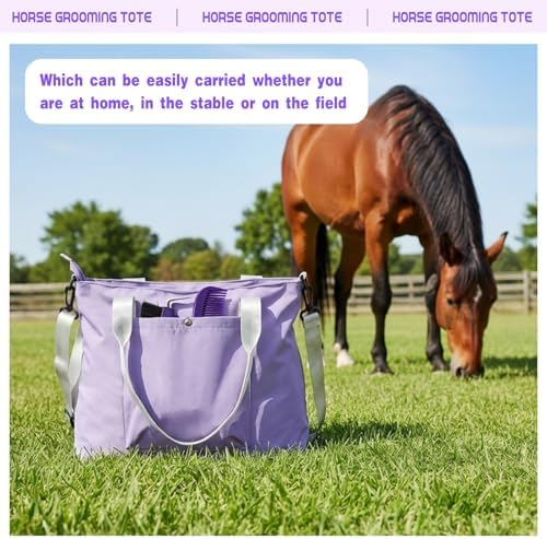 Abbylike 15 Pieces Horse Grooming Kit with Organizer Tote Bag Tack Room Supplies Horse Brush Sets Care Equine Cleaning Kit Shedding Grooming Massaging Tools(Purple and Grey)