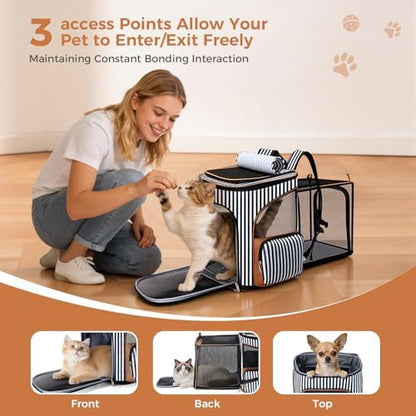 Lekereise Large Cat Backpack Carrier Expandable Pet Carrier Backpack for Small Dogs Medium Cats Fit Up to 18 Lbs, Foldable Puppy Backpack Carrier for Travel, Hiking, Striped