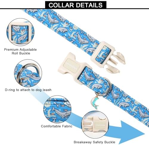 Lionet Paws Blue Summer Ocean Dog Collar with Cute Blue Whales Pattern Pendant - Female Male Boy Dog Collar for Small Medium Large Dogs M