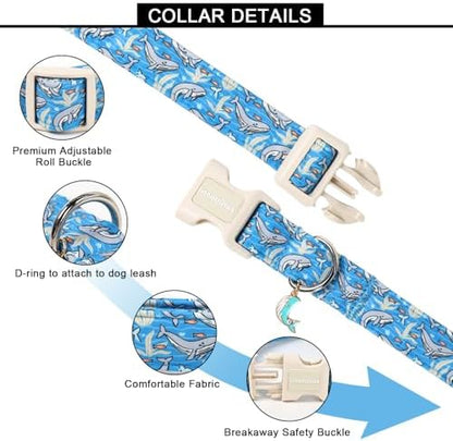 Lionet Paws Blue Summer Ocean Dog Collar with Cute Blue Whales Pattern Pendant - Female Male Boy Dog Collar for Small Medium Large Dogs M