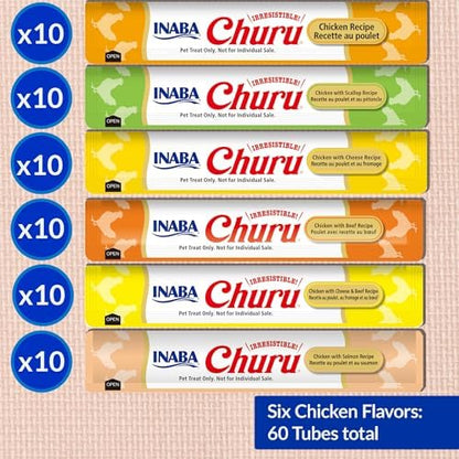 INABA Churu Cat Treats, Lickable, Squeezable Creamy Purée Cat Treat with Green Tea Extract & Taurine, 0.5 Ounces Each Tube, 60 Tubes, Chicken Variety Box