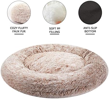Bedfolks Calming Fluffy Donut Dog Bed for Small Dogs,Brown, 23" Round