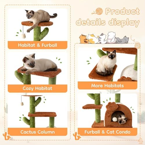 Cactus Cat Tree for Indoor Cats with Cozy Condo Wide Top Perch 27.5", Multi-Level Cat Tower with Climbing and Lounging Space Plush, Toy Ball, Brown
