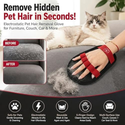 Pet Hair Remover Glove for Cats & Dogs, Reusable 5-Finger Fur Cleaning Tool for Couch, Furniture, Carpet, Car Seat & Clothing, Upgraded Electrostatic Pet Hair Cleaner, Washable Pet Fur Removal Brush