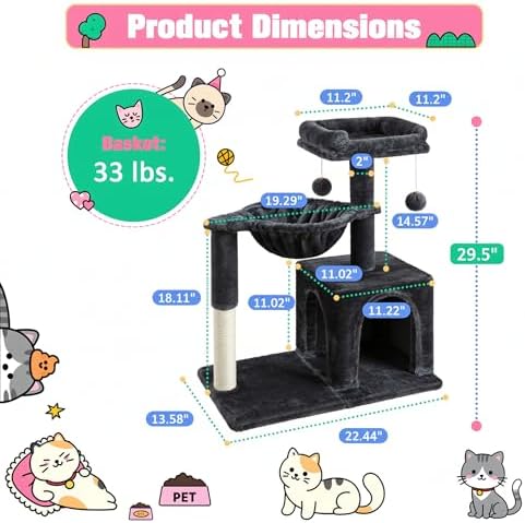 Allewie 29.5in Indoor Cat Tree, Multi-Level Cat Tower with Sisal Scratching Posts, Padded Perch, Basket, Condo, and Hanging Ball, Suitable for Kittens and Adult Felines,Dark Grey