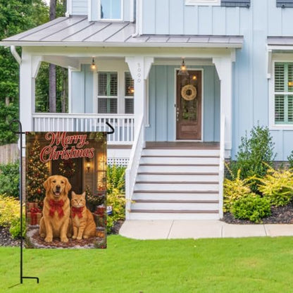 Christmas Pet House Flag 28x40 Inch Merry Holiday Golden Retriever Orange Cat Red Bows Tree Gifts Snowy Farmhouse Outdoor Yard Lawn Porch Double Sided Banner Welcome Decor