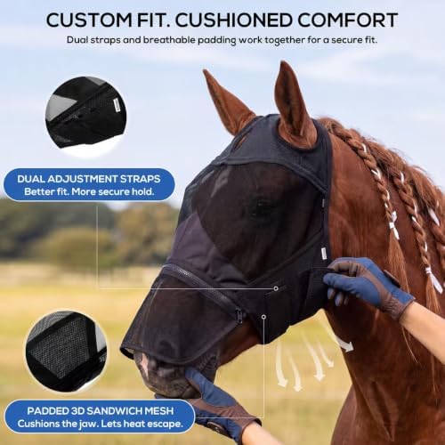 UV Fly Mask for Horses Without Ears, Removable Nose, Medium