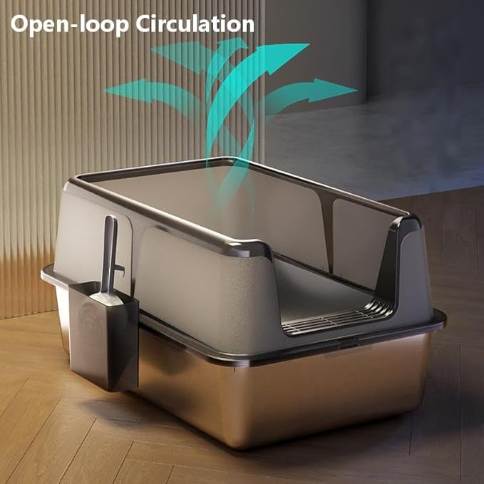 Non-Stick Stainless Steel Litter Box, Side Opening Splash-Proof & Leak-Proof Large Metal Cat Litter Box with Lid & Scoop, Easy-Clean & Durable, 6'' Deep Black