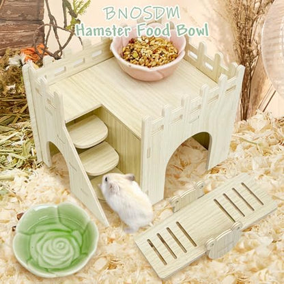 BNOSDM 2 Pcs Hamster Ceramic Food Bowl Flower Series Gerbil Drinking Bowls Anti-Turning Food & Water Dish for Dwarf Syrian Hamsters Gerbil (Pink, Rose Pattern, 3.74“ x3.74“ x1.77“)