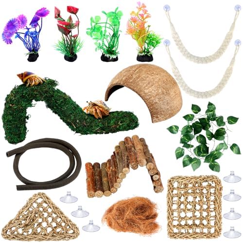 14 Pcs Hermit Crab Accessories Natural Hermit Crab Habitat Toy Artificial Moss and Plants Suction Cups for Lizard Chameleon Leopard Gecko Reptile Amphibians Tank Decoration (Rainforest Style)
