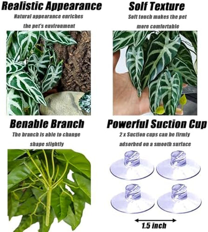 Woyrise 2 Pack Reptile Plants, Terrarium Hanging Plant Vines, Artificial Leaves with Suction Cup, Bearded Dragon Tank Accessories for Gecko Lizard Snake Frog Tortoise Decorations - Alocasia Velvet