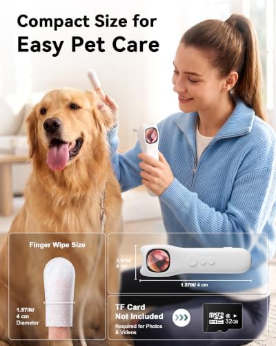 Pet Ear Camera Cleaning Kit with Screen, Dog & Cat Ear Cleaner with 50 Finger Wipes, Gentle Soft Otic Ear Cleaning Pads, Helps Clean Dirt, Wax & Odor-Causing Buildup, Non-Irritating, White