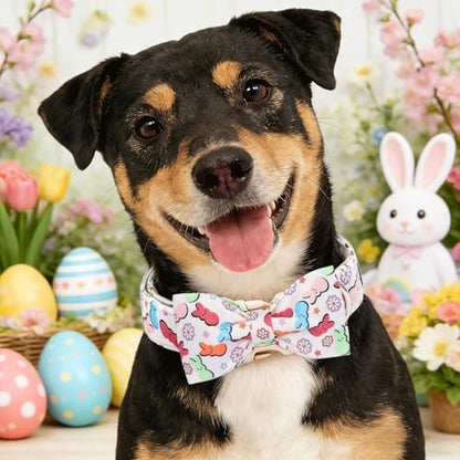 Dog Collars, Easter Colorful Rabbit Print Cotton Collar Holiday Adjustable Light Plastic Buckle Collar with Bow Pet Collar Gift for X-Small Dogs